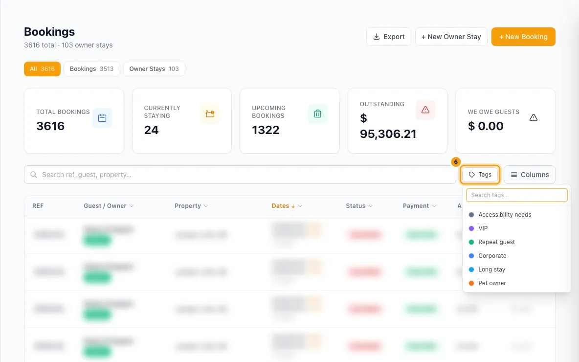 Find and filter bookings: step 6 in Rentibly, with Tags marked.