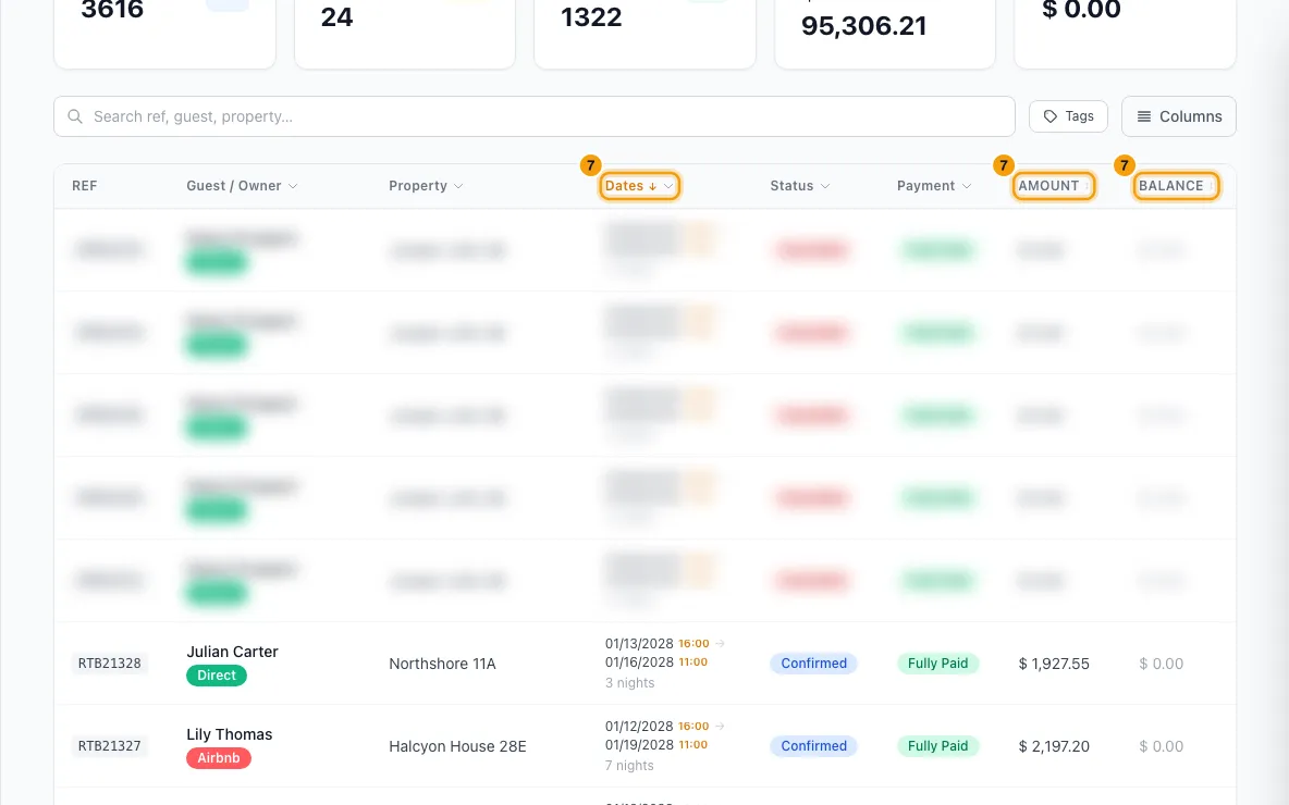 Find and filter bookings: step 7 in Rentibly, with the column header, the column header, the column header marked.