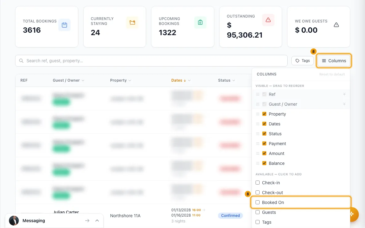 Find and filter bookings: step 8 in Rentibly, with Columns, Booked On marked.