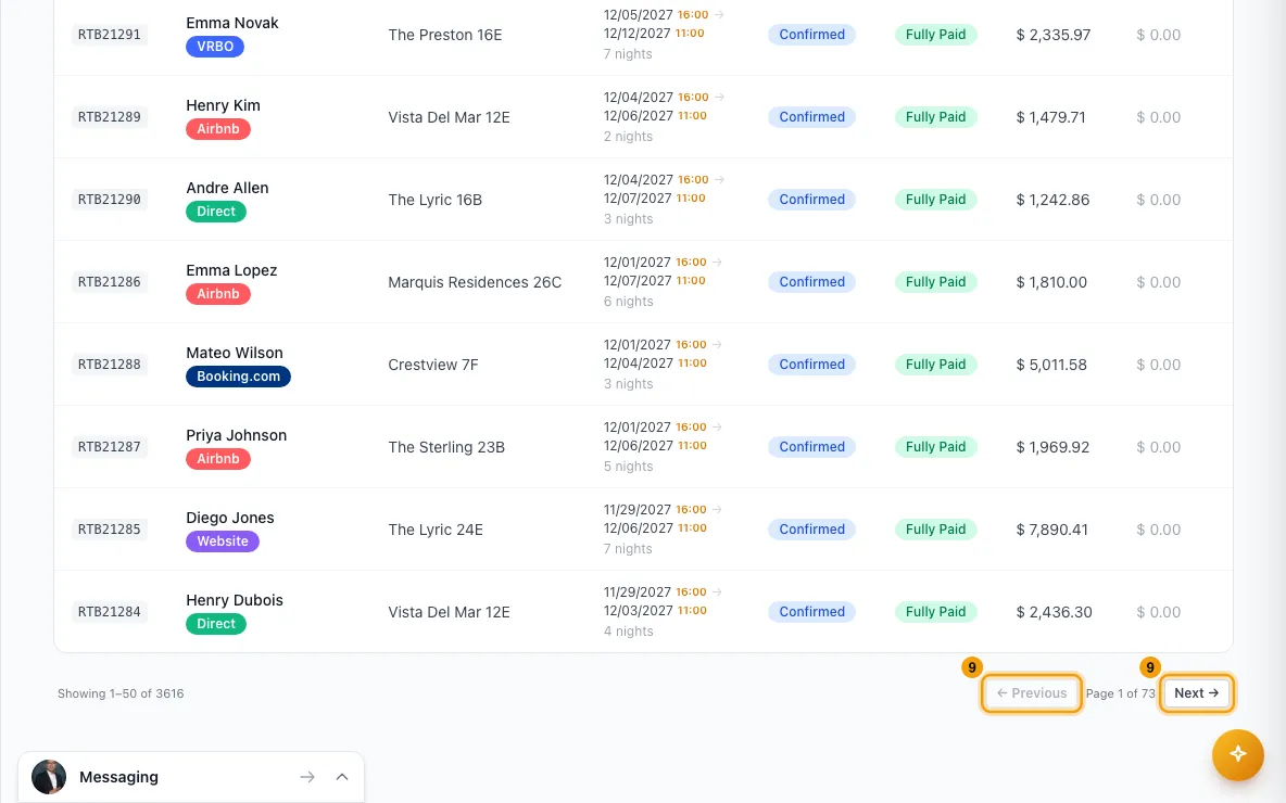 Find and filter bookings: step 9 in Rentibly, with ← Previous, Next → marked.
