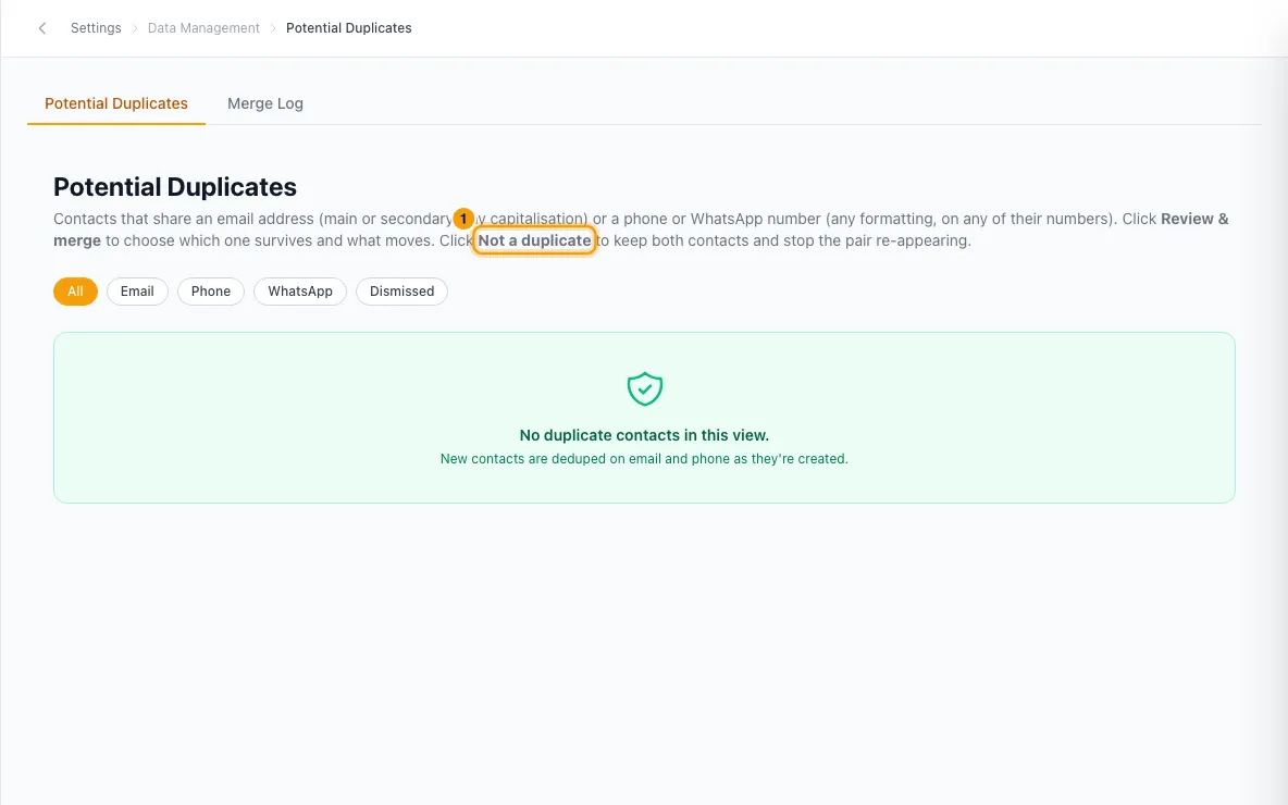 Find and merge duplicate contacts: step 1 in Rentibly, with Not a duplicate marked.