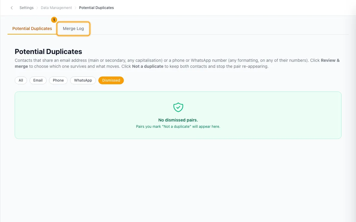 Find and merge duplicate contacts: step 1 in Rentibly, with Merge Log marked.