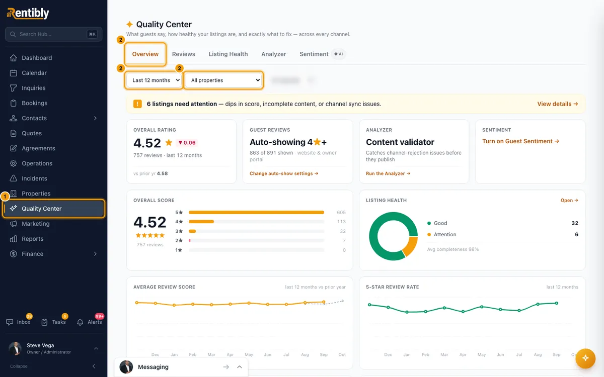 Find where guests are let down and fix it: steps 1 and 2 in Rentibly, with Quality Center, Overview, the filter marked.