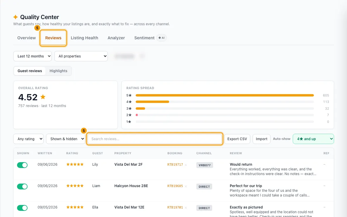 Find where guests are let down and fix it: step 5 in Rentibly, with Reviews, the search box marked.