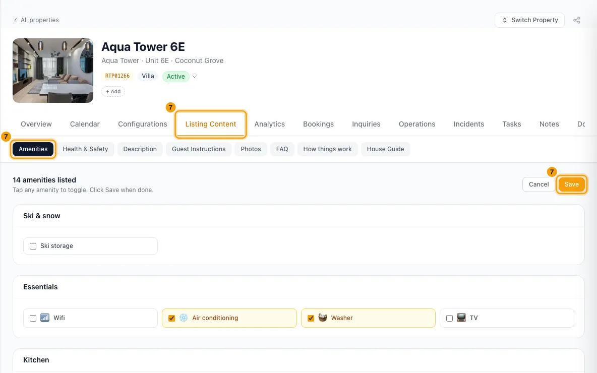 Find where guests are let down and fix it: step 7 in Rentibly, with Listing Content, Amenities, Save marked.