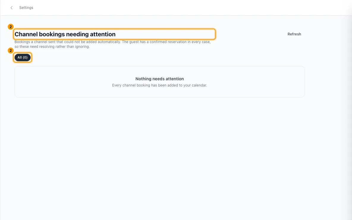 Fix channel bookings that need attention: step 2 in Rentibly, with Channel bookings needing attention, All (0) marked.