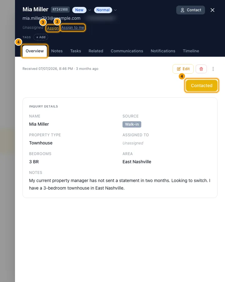 Handle an owner inquiry: steps 3 and 4 in Rentibly, with Assign, Assign to me, Overview marked.