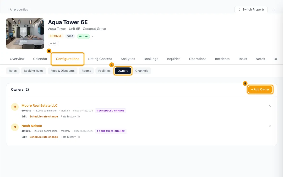 Handle an owner inquiry: step 8 in Rentibly, with Configurations, Owners, + Add Owner marked.