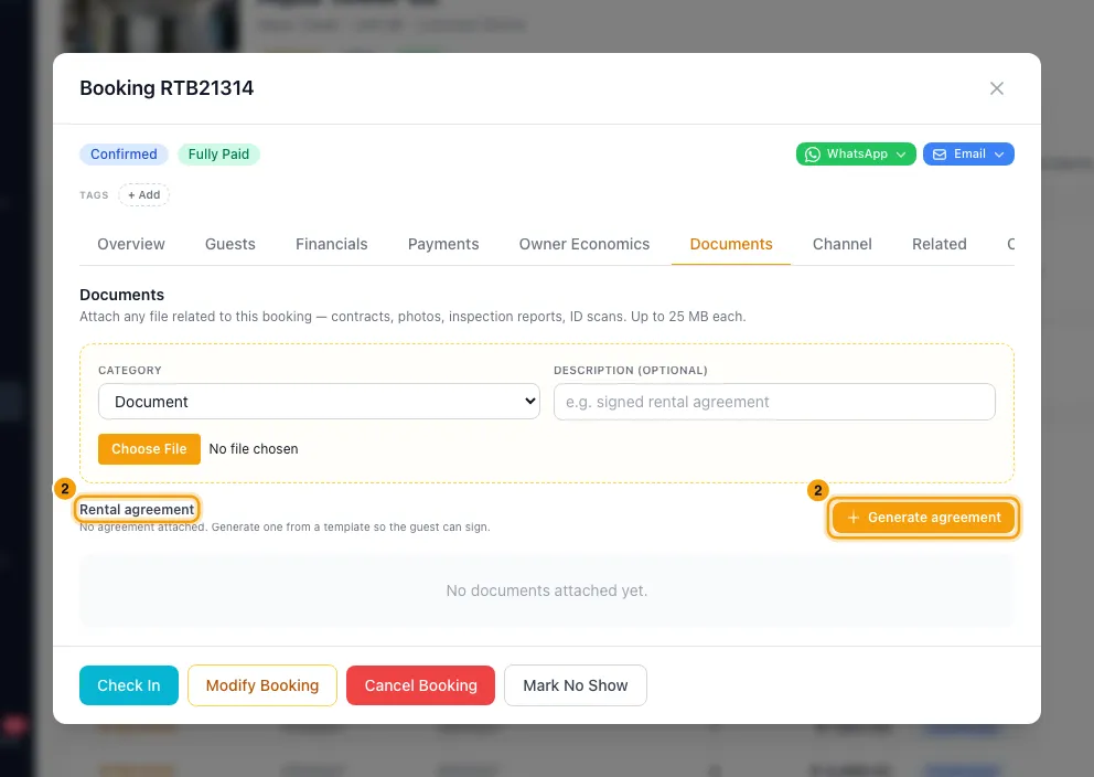 Have the guest sign the rental agreement: step 2 in Rentibly, with Rental agreement, Generate agreement marked.