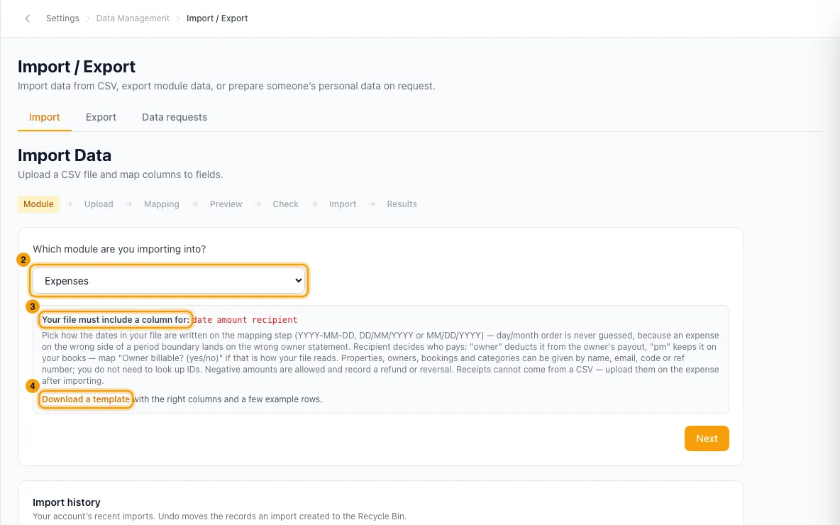 Import and export data (CSV): steps 2, 3 and 4 in Rentibly, with the module, Your file must include a column for:, Download a template marked.