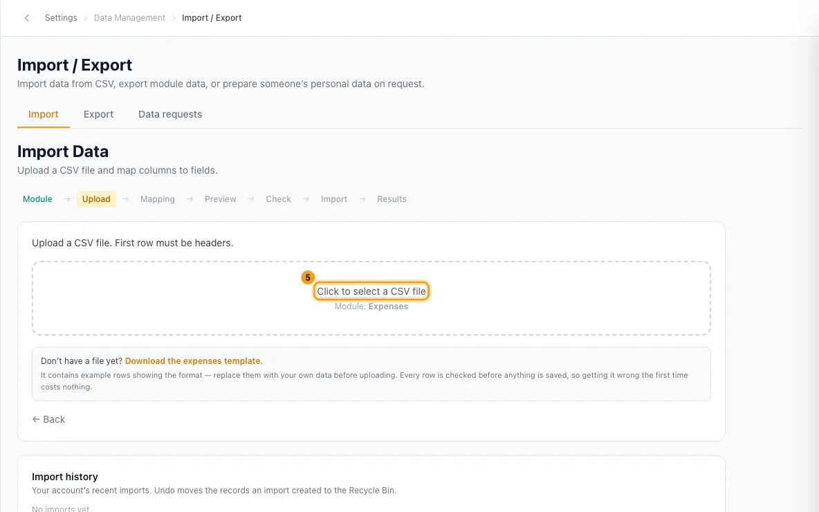 Import and export data (CSV): step 5 in Rentibly, with Click to select a CSV file marked.