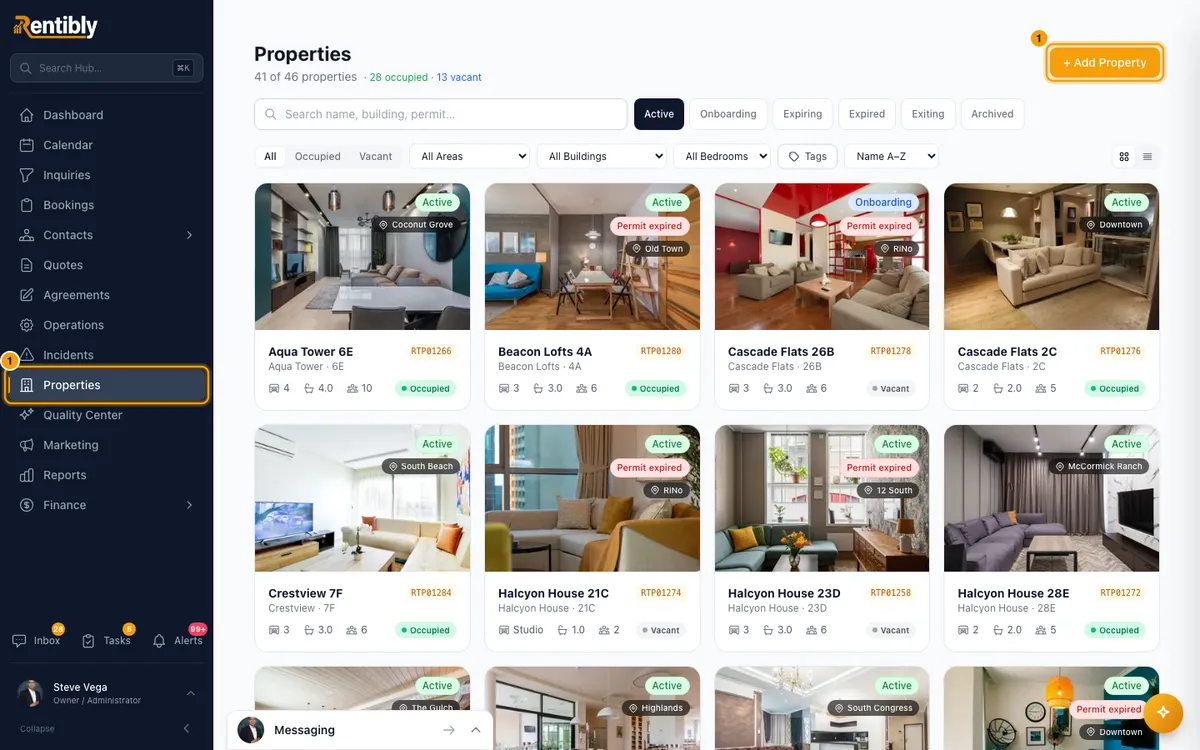 Import a property from Airbnb: step 1 in Rentibly, with Properties, + Add Property marked.