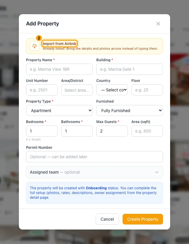 Import a property from Airbnb: step 2 in Rentibly, with Import from Airbnb marked.