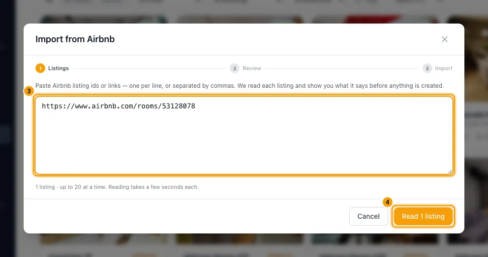 Import a property from Airbnb: steps 3 and 4 in Rentibly, with the listing links box, Read listings marked.