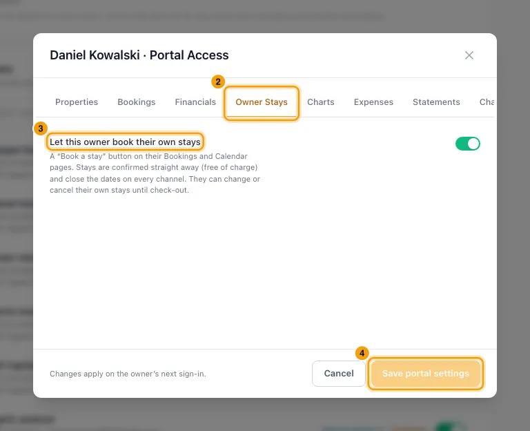 Let owners book their own stays in the owner portal: steps 2, 3 and 4 in Rentibly, with Owner Stays, Let this owner book their own stays, Save portal settings marked.