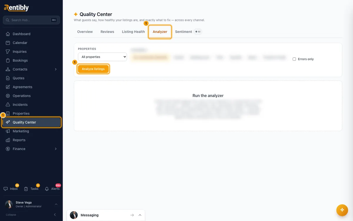 List a property on Airbnb, Booking.com or another channel: step 1 in Rentibly, with Quality Center, Analyzer, Analyze listings marked.