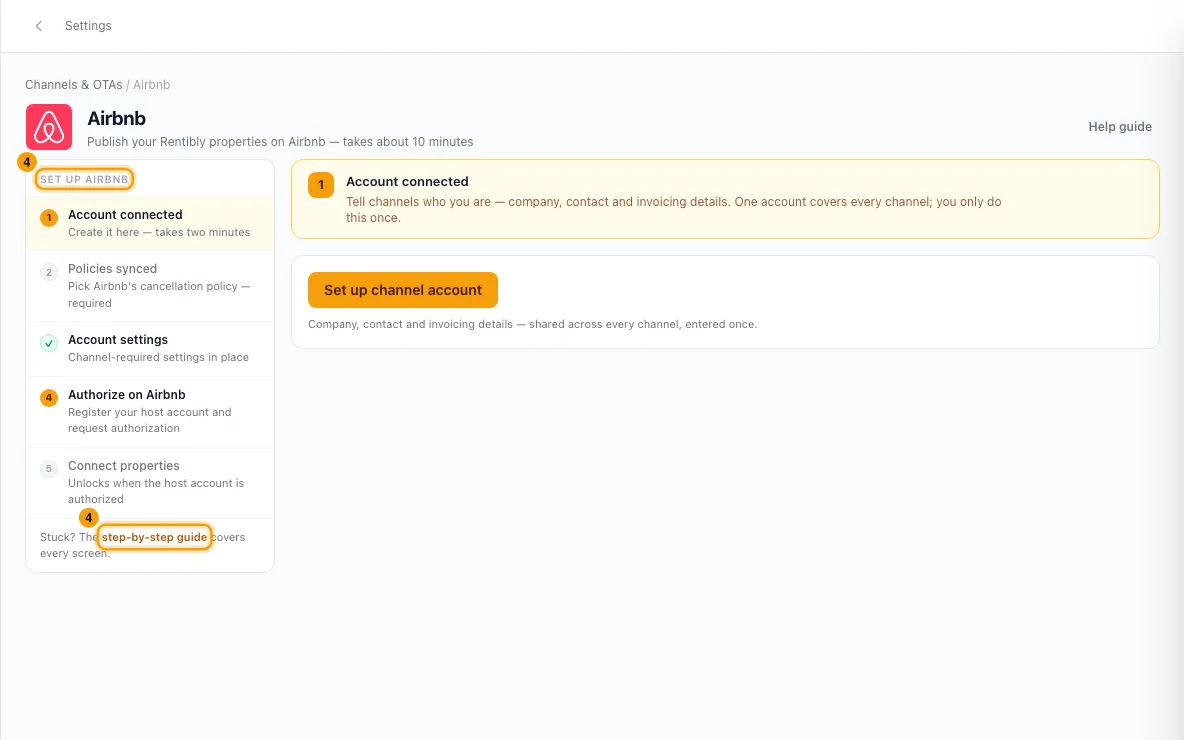 List a property on Airbnb, Booking.com or another channel: step 4 in Rentibly, with Set up Airbnb, step-by-step guide marked.
