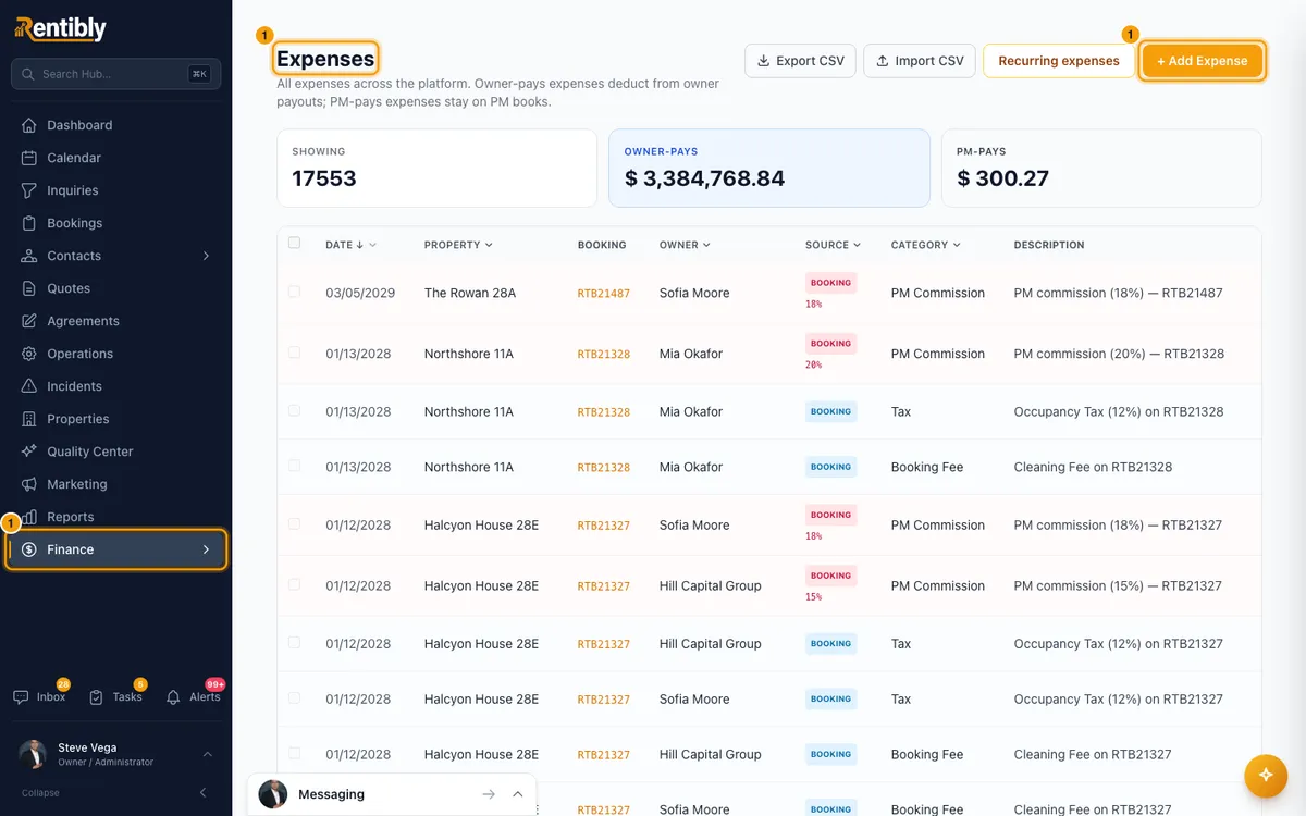 Log an expense and attach the receipt: step 1 in Rentibly, with Finance, Expenses, + Add Expense marked.