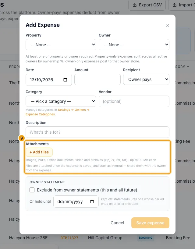 Log an expense and attach the receipt: step 9 in Rentibly, with Attachments marked.