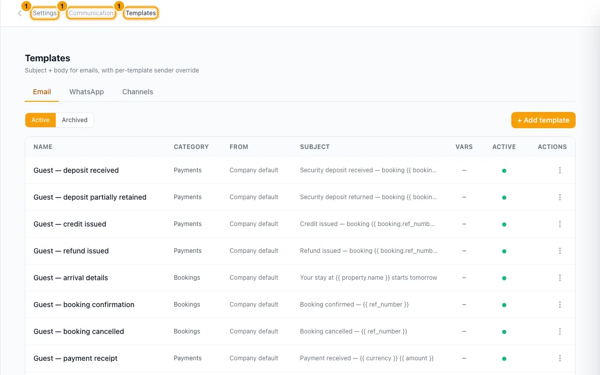 Manage message templates (email, WhatsApp and channel): step 1 in Rentibly, with Settings, Communication, Templates marked.