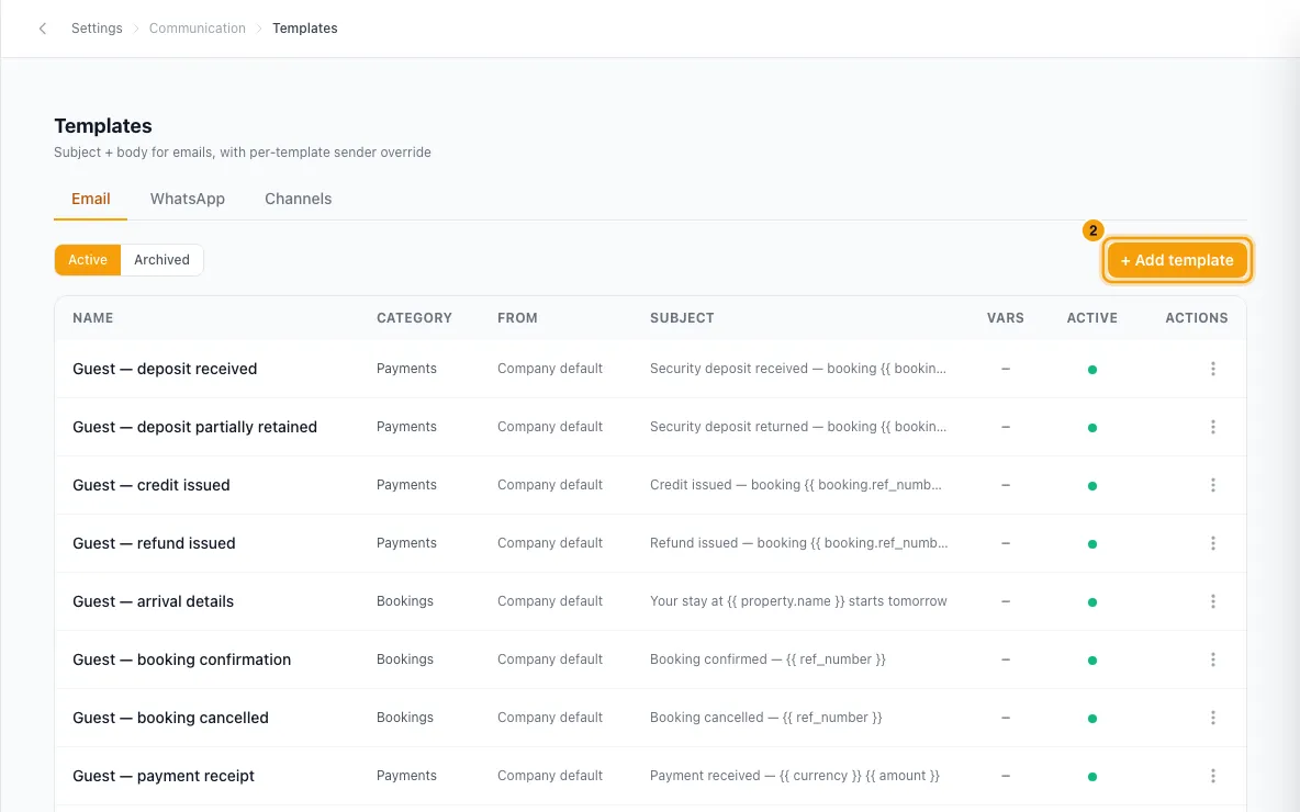 Manage message templates (email, WhatsApp and channel): step 2 in Rentibly, with + Add template marked.