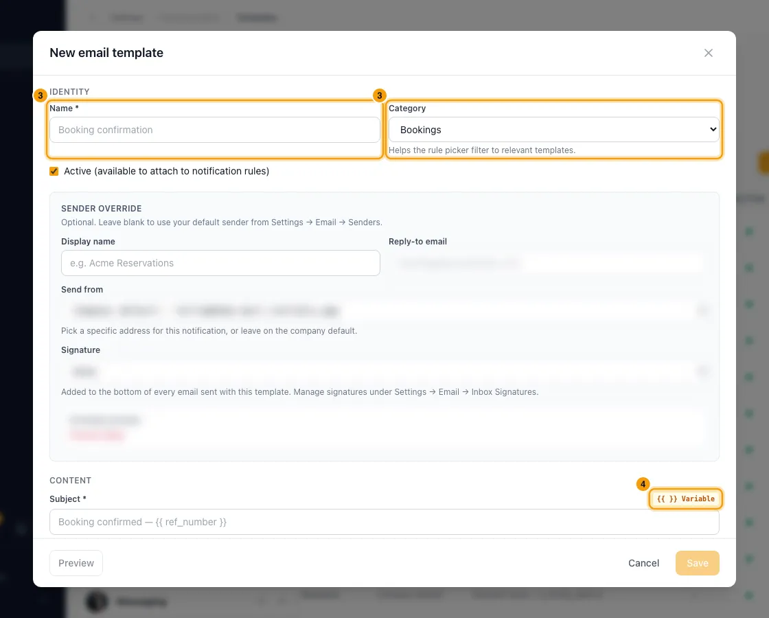 Manage message templates (email, WhatsApp and channel): steps 3 and 4 in Rentibly, with Name, Category, {{ }} Variable marked.