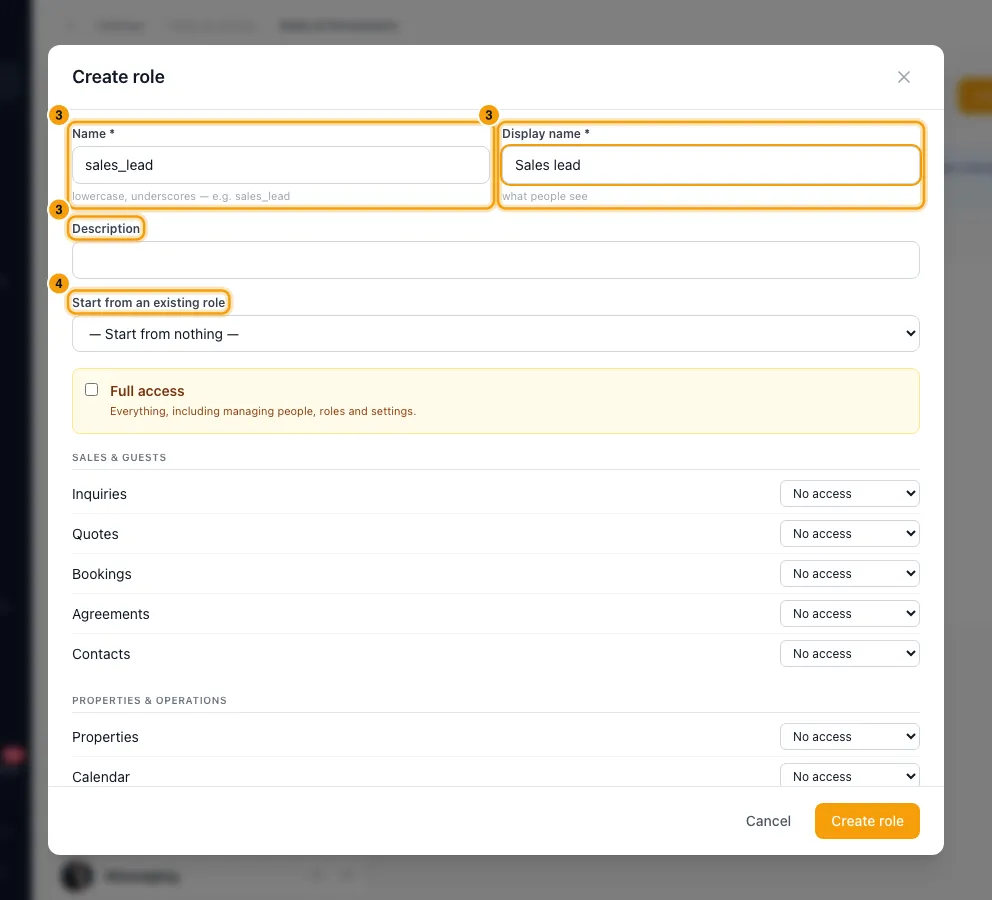 Create and manage roles and permissions: steps 3 and 4 in Rentibly, with Name, Display name, Description marked.