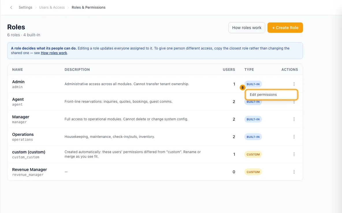 Create and manage roles and permissions: step 8 in Rentibly, with Edit permissions marked.