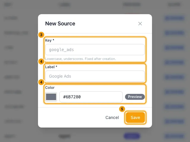 Manage sources and lost reasons: steps 3, 4 and 5 in Rentibly, with Key, Label, Color marked.