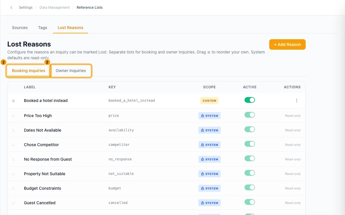Manage sources and lost reasons: step 2 in Rentibly, with Booking Inquiries, Owner Inquiries marked.