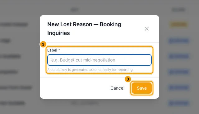 Manage sources and lost reasons: step 3 in Rentibly, with Label, Save marked.