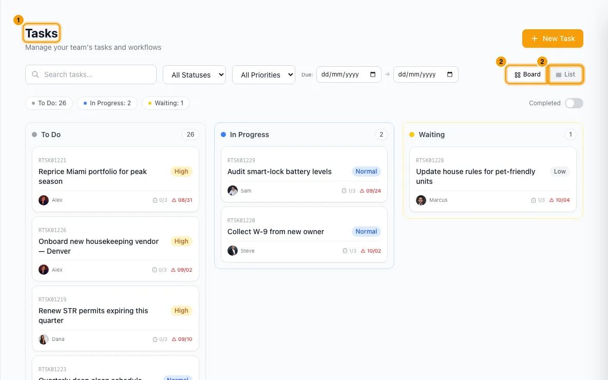 Manage tasks on the Tasks page: steps 1, 2 and 5 in Rentibly, with Tasks, Board, List marked.