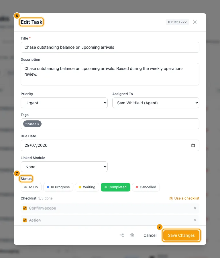 Manage tasks on the Tasks page: steps 6 and 7 in Rentibly, with Edit Task, Status, Save Changes marked.