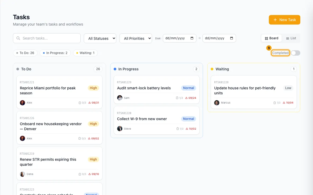 Manage tasks on the Tasks page: step 9 in Rentibly, with Completed marked.