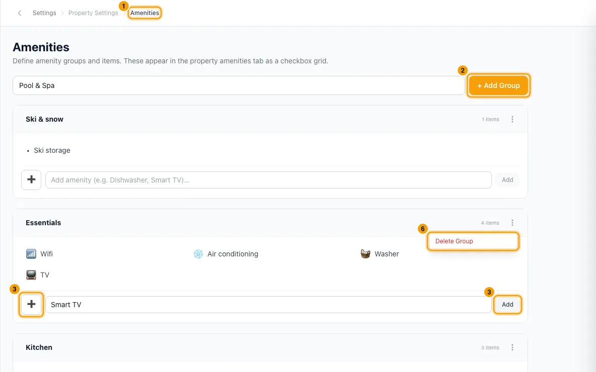 Manage the amenities list: steps 1, 2, 3 and 6 in Rentibly, with Amenities, + Add Group, the icon and Add marked.