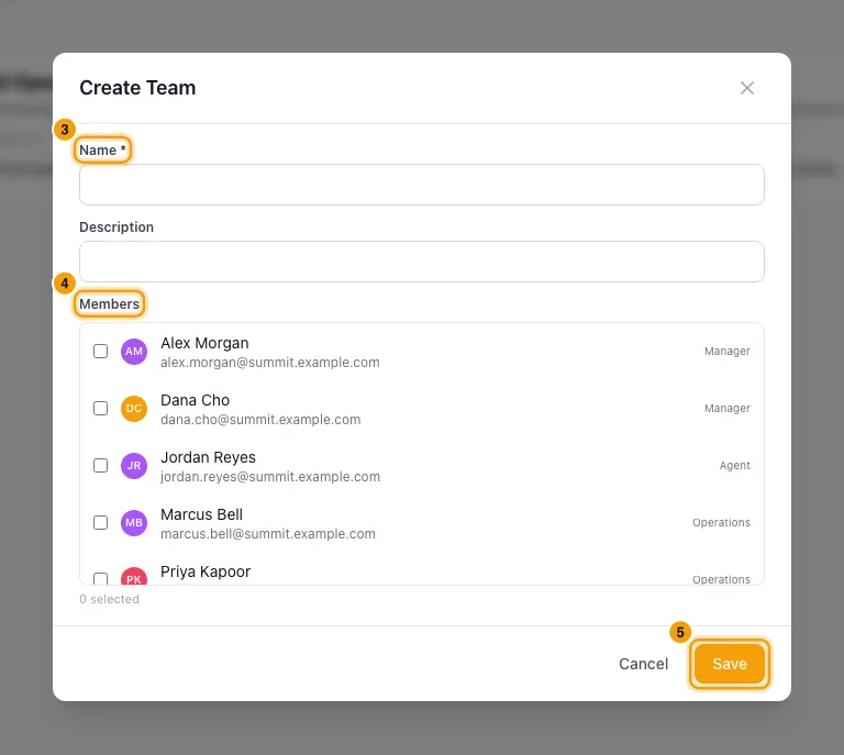 Organise people into teams: steps 3, 4 and 5 in Rentibly, with Name, Members, Save marked.