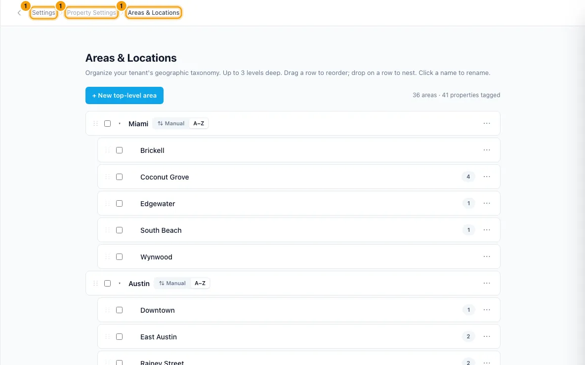 Organise properties into areas and locations: step 1 in Rentibly, with Settings, Property Settings, Areas & Locations marked.