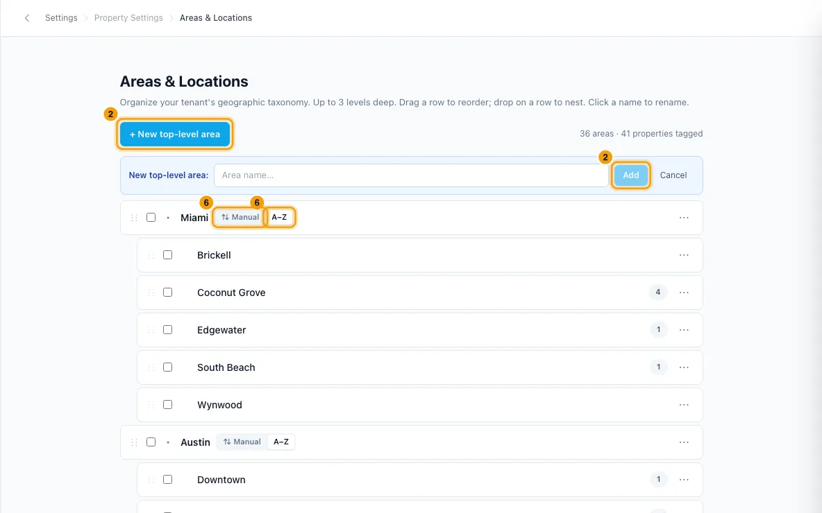 Organise properties into areas and locations: steps 2 and 6 in Rentibly, with + New top-level area, Add, A–Z marked.