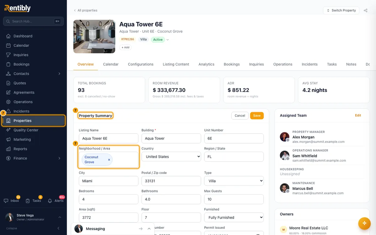 Organise properties into areas and locations: step 7 in Rentibly, with Properties, Property Summary, Neighborhood / Area marked.