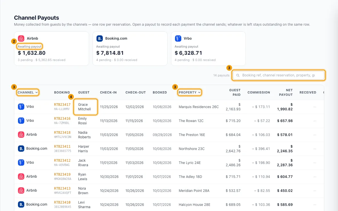 Reconcile channel payouts: steps 2, 3 and 4 in Rentibly, with Awaiting payout, the search box, the search box marked.