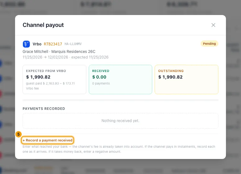 Reconcile channel payouts: step 5 in Rentibly, with + Record a payment received marked.