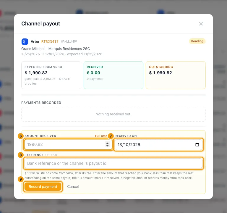 Reconcile channel payouts: steps 6, 7, 8 and 9 in Rentibly, with Amount received, Received on, Reference marked.