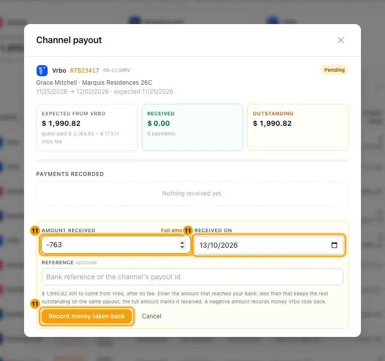 Reconcile channel payouts: step 11 in Rentibly, with the amount taken back, the amount taken back, Record money taken back marked.