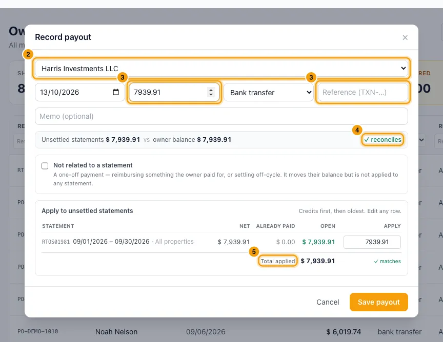 Record an owner payout: steps 2, 3, 4 and 5 in Rentibly, with the owner, the payout details, the payout details marked.