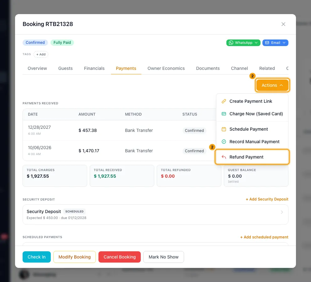 Refund a guest payment: step 2 in Rentibly, with Actions, Refund Payment marked.