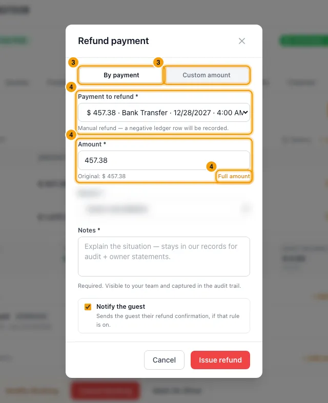 Refund a guest payment: steps 3 and 4 in Rentibly, with By payment, Custom amount, Payment to refund marked.