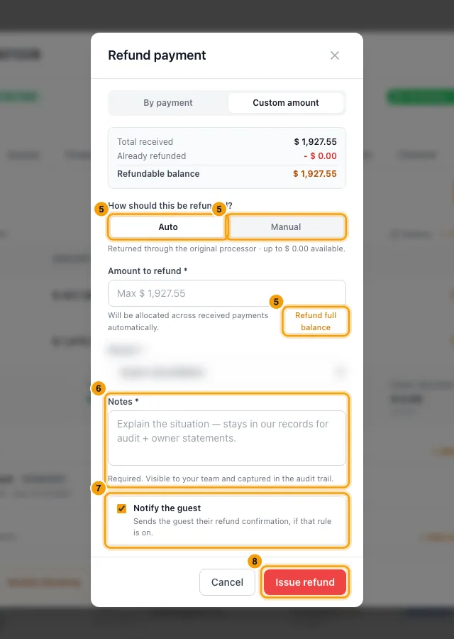 Refund a guest payment: steps 5, 6, 7 and 8 in Rentibly, with Auto, Manual, Refund full balance marked.