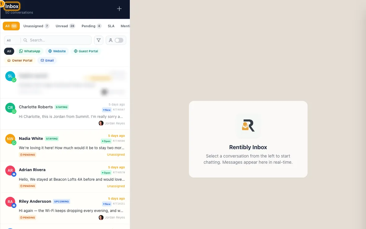 Reply to a guest from the Inbox: step 1 in Rentibly, with Inbox, conversation marked.