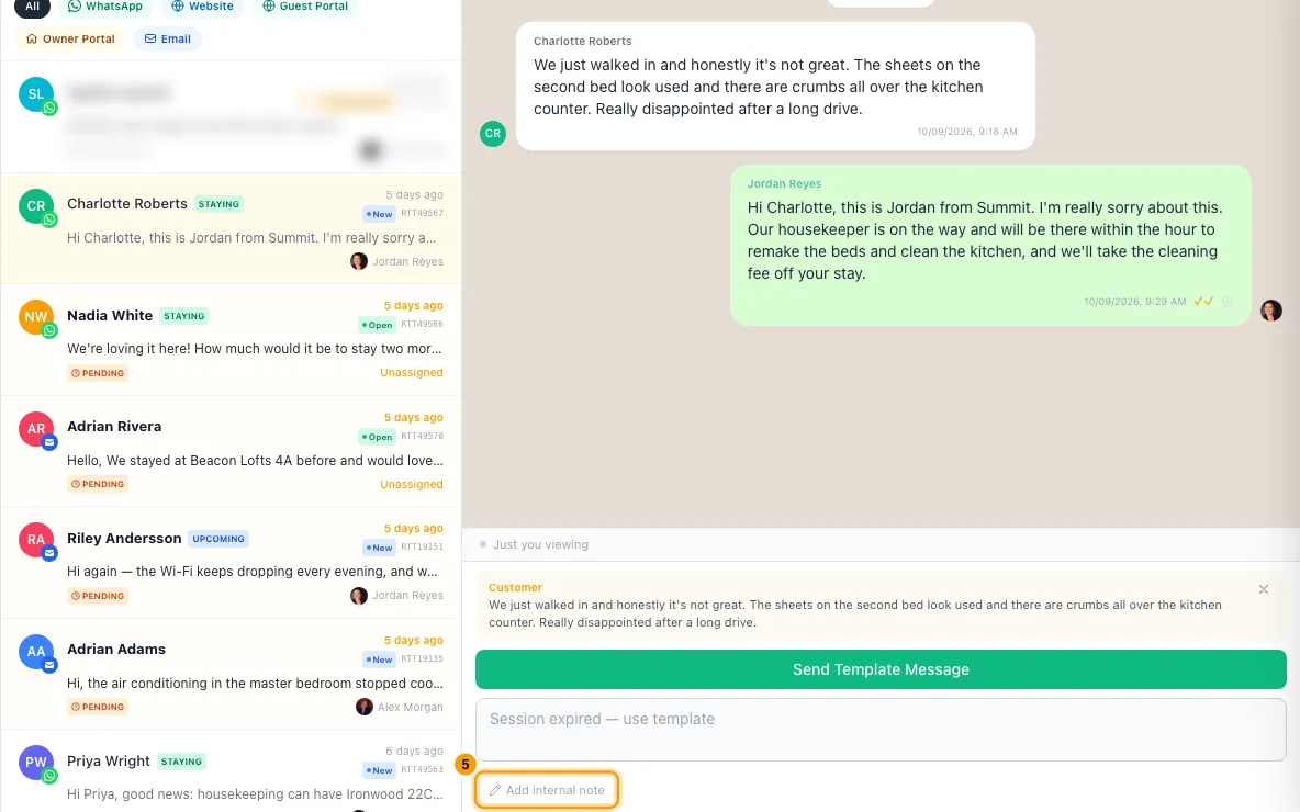Reply to a guest from the Inbox: step 5 in Rentibly, with Add internal note marked.