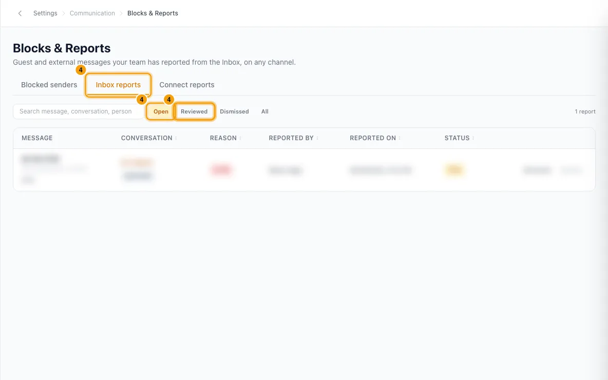 Review blocked senders and message reports: steps 4 and 5 in Rentibly, with Inbox reports, Open, Reviewed marked.
